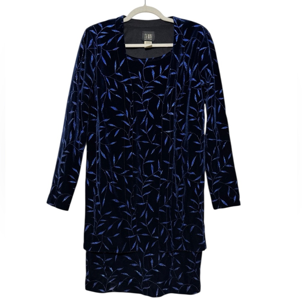 Teddi Evening Vtg Y2K Blue Velvet Glitter Dress Size 6 Formal MOTB NYE Wedding